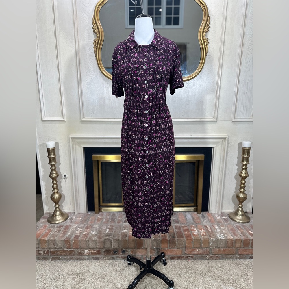 Vintage Darian Rayon‎ Shirt Dress Purple Pink Geometric Print Midi Sz 16